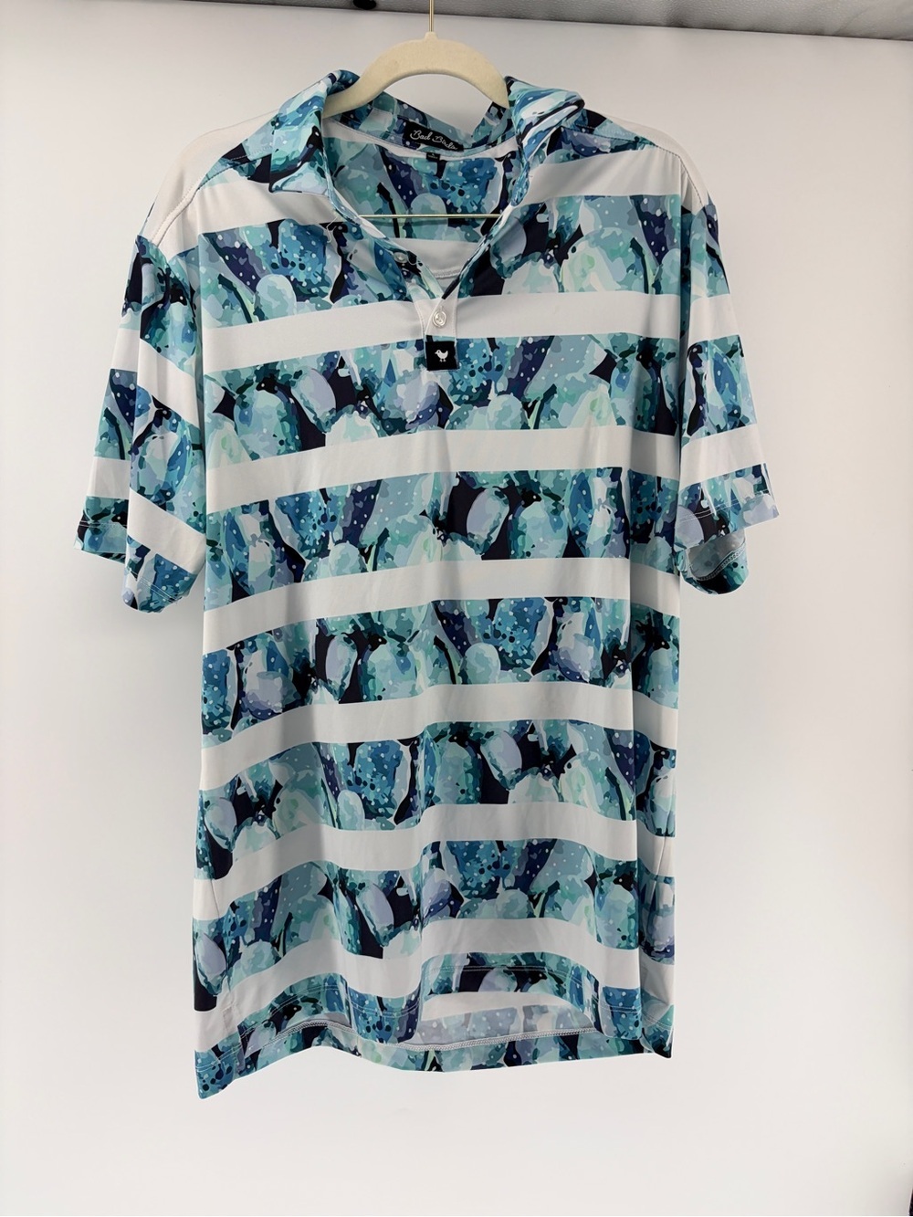 Men's Bad Birdie Short Sleeve Polo - Aqua & Navy Pattern Sz L - Picture 1 of 9